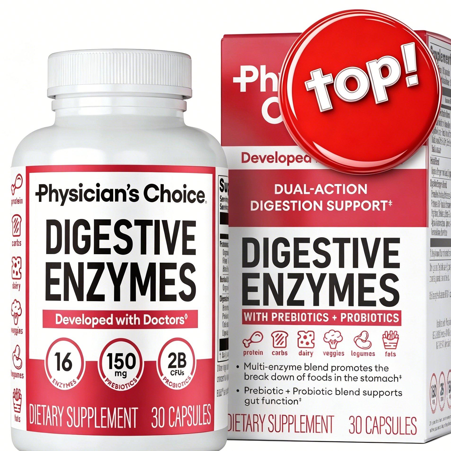 Physician's Choice Digestive Enzymes, Digestive & Gut Health, Bloating & Meal Time Discomfort, Men and Women, 30 Count