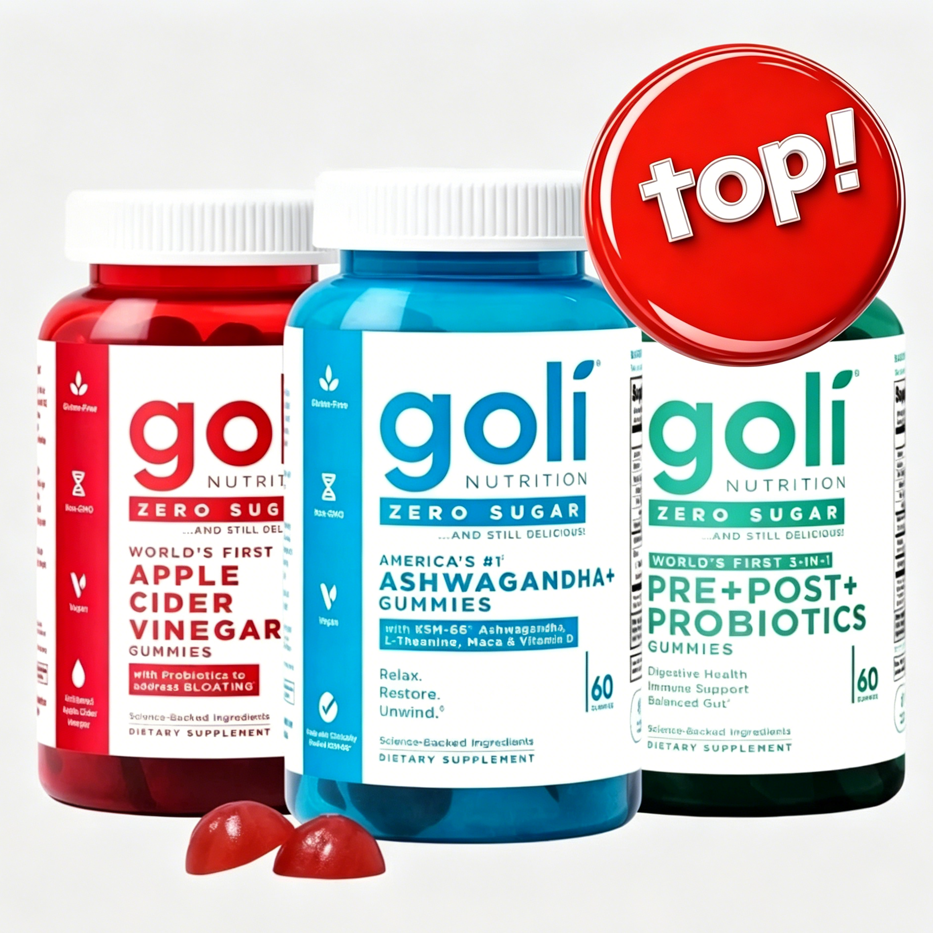 Zero Sugar Best Seller Trio - World's First 3-in-1 Pre, Post, Probiotic, Apple Cider Vinegar with Vitamin B12 and Probiotics To Address Bloating, Ashwagandha & L-Theanine, Vitamin D gummies. Gluten-Free, Vegan, Non-GMO & Gelatin-Free