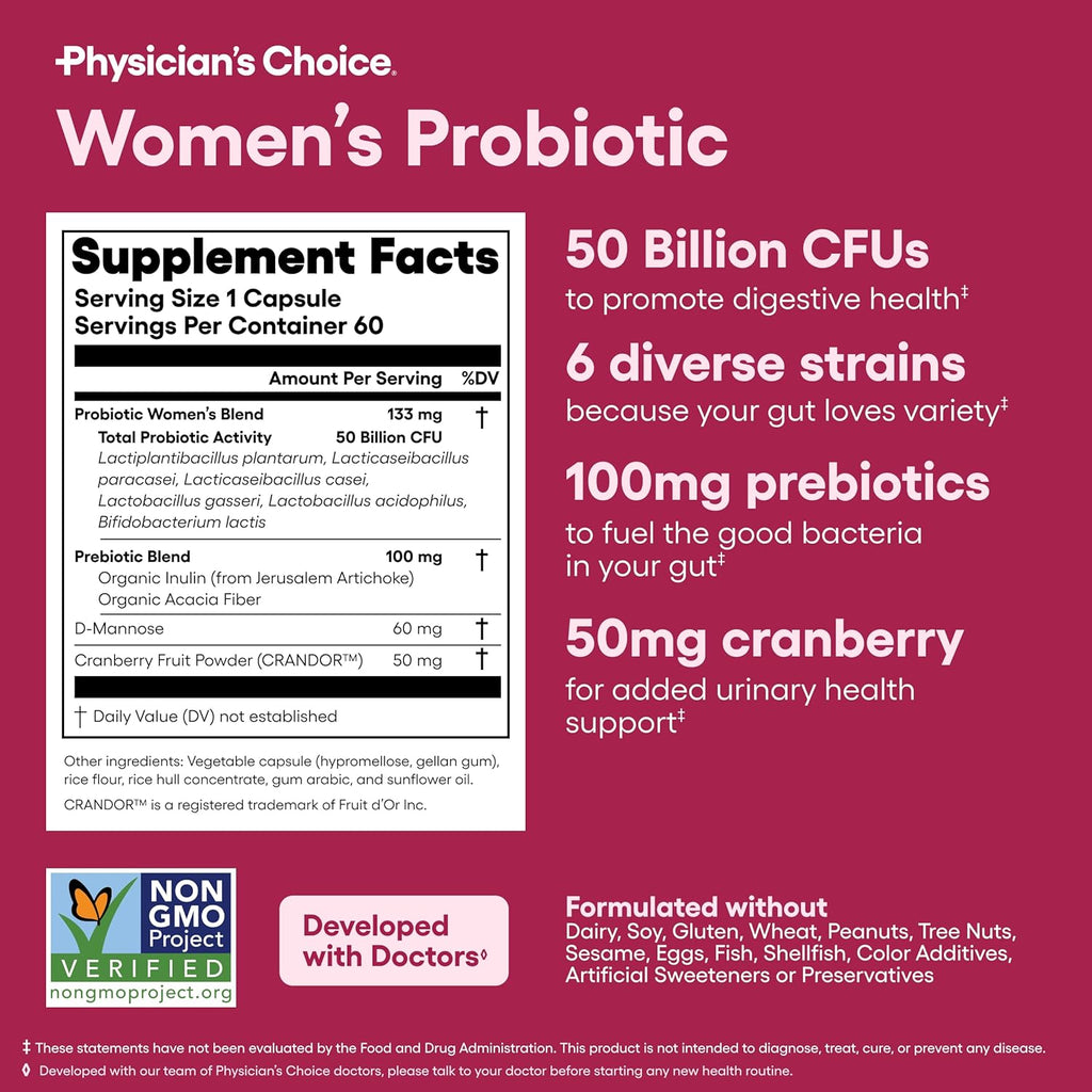 Physician's Choice Probiotics - PH Balance, Digestive, UT, & Feminine Health - 50 Billion CFU - 6 Unique Strains for Women - Organic Prebiotics, Cranberry Extract+ - Probiotic - 60 CT-Shop