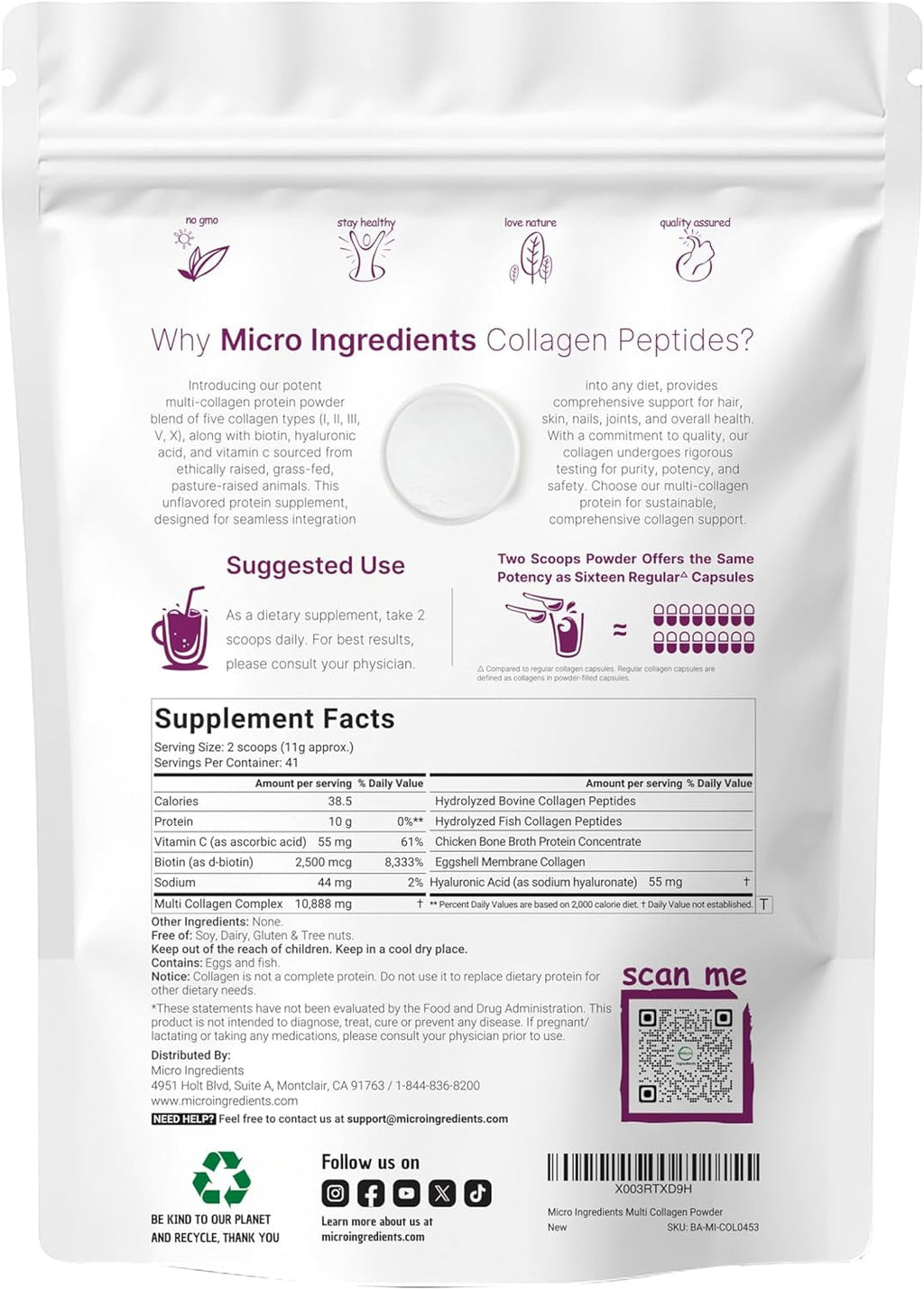 Micro Ingredients Multi Collagen Protein Powder, 2lb | Type I,II,III,V,X with Biotin, Hyaluronic Acid, Vitamin C - Unflavored Collagen Peptides
