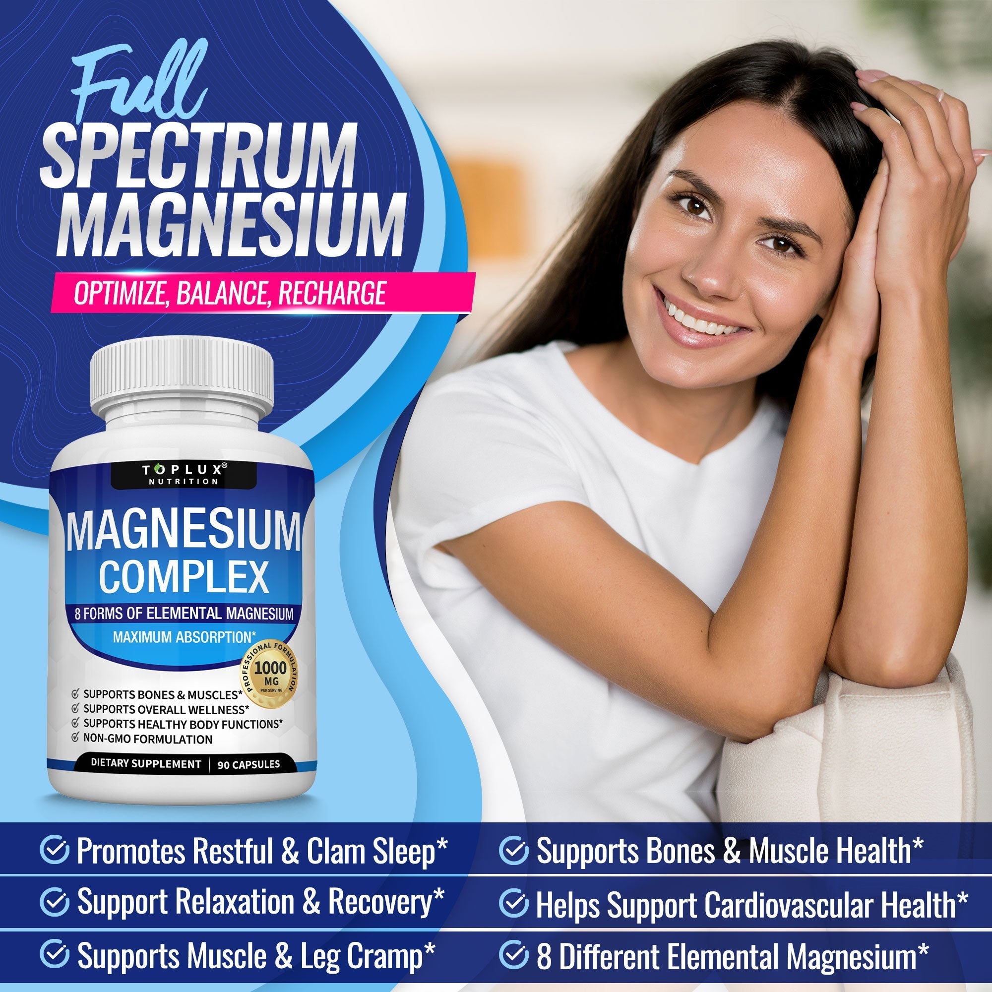 Toplux Magnesium Complex 8 Elemental Magnesium Supplement 1000mg Glycinate, Citrate, Malate, Taurate