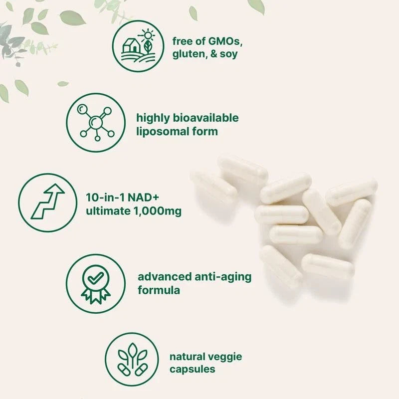 NAD+ Supplement with Glutathione, Resveratrol, Astaxanthin – 10-in-1 Formula