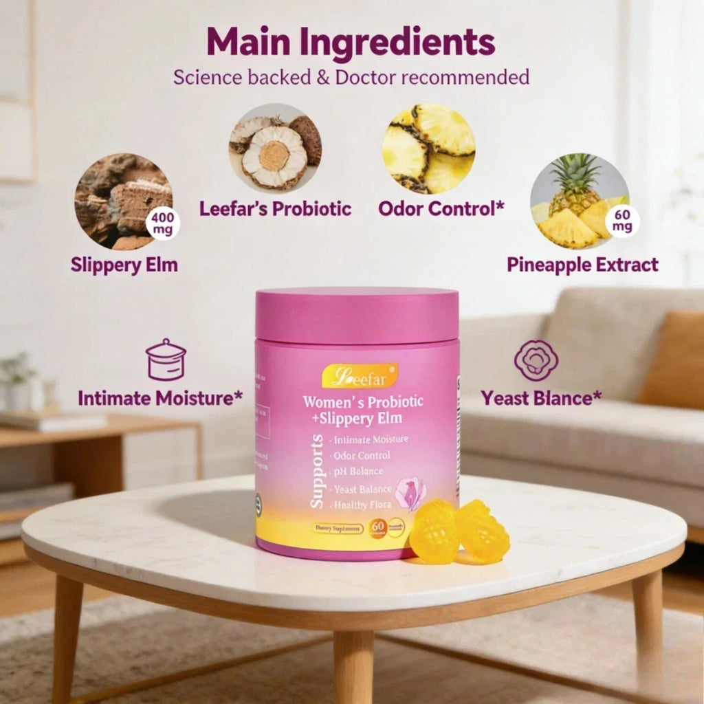 LEEFAR Feminine Probiotics Gummies - Slippery Elm & Prebiotics for pH Balance